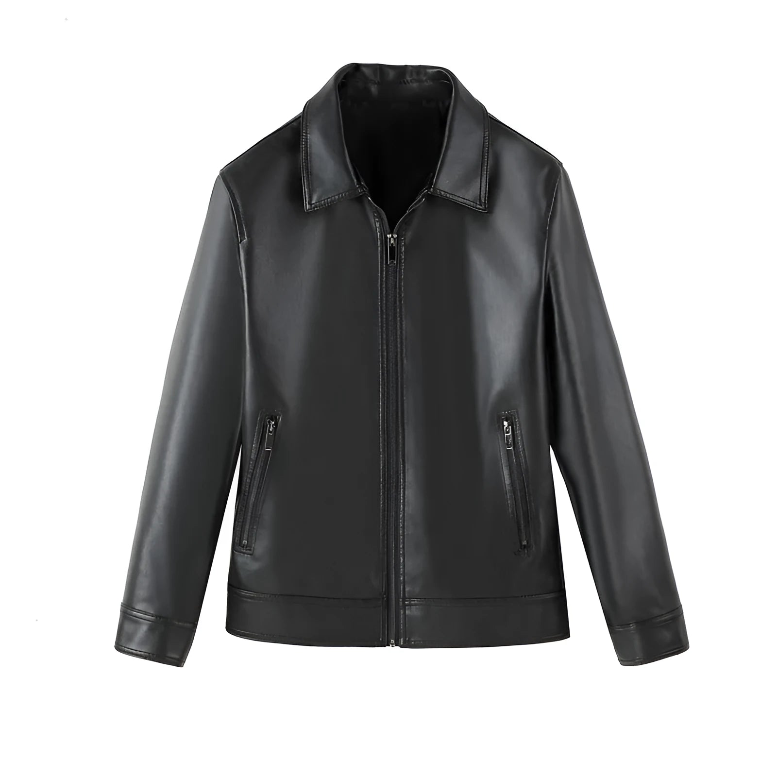 Black men's casual loose fit PU leather jacket with zippered pockets