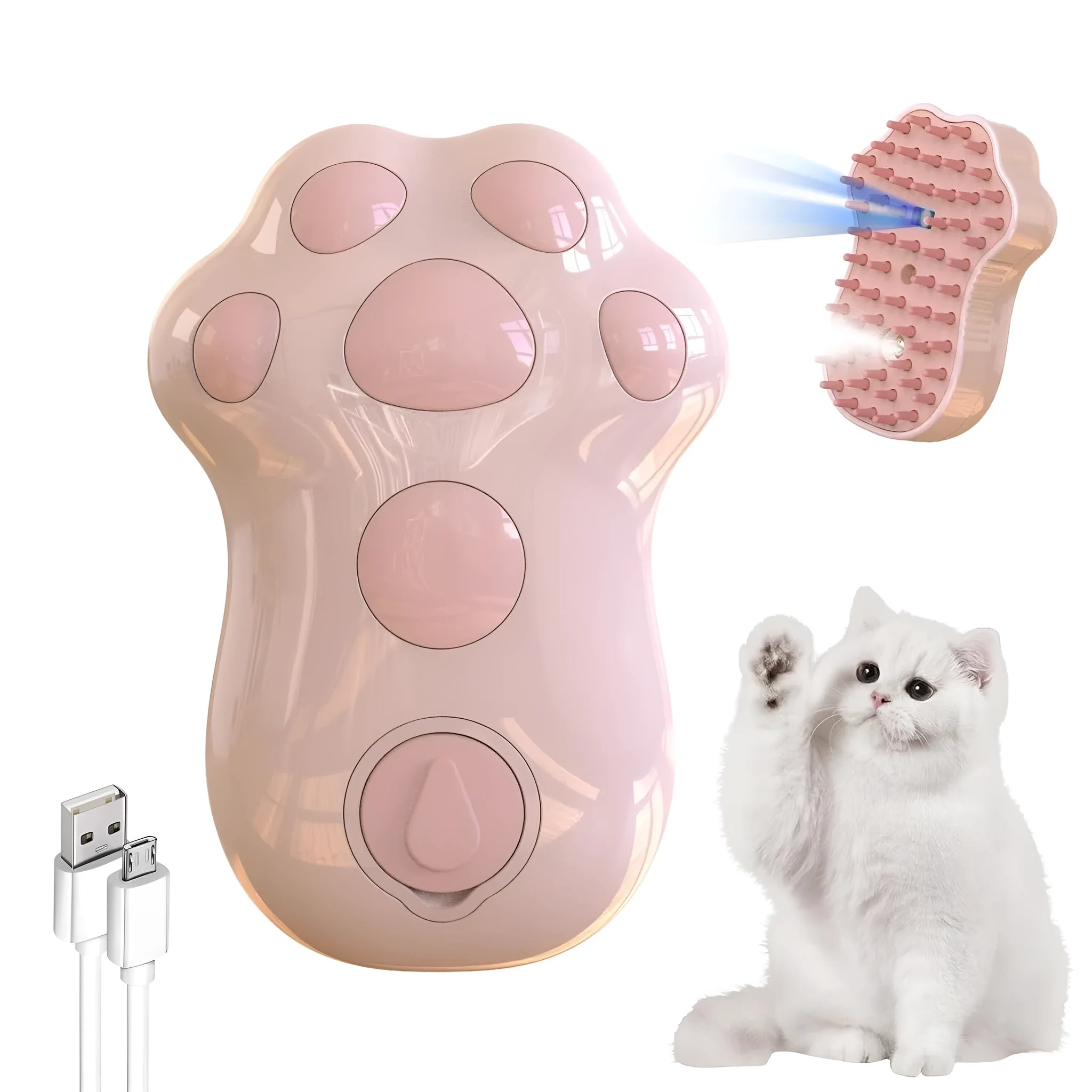 Self-cleaning cat steam brush with blue light and release button for pet grooming