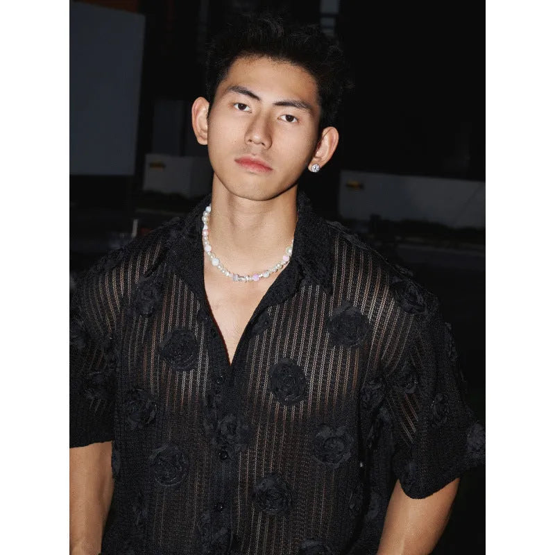 Heavy industry three-dimensional floral print on a loose-fit plus-size short-sleeved shirt for men.