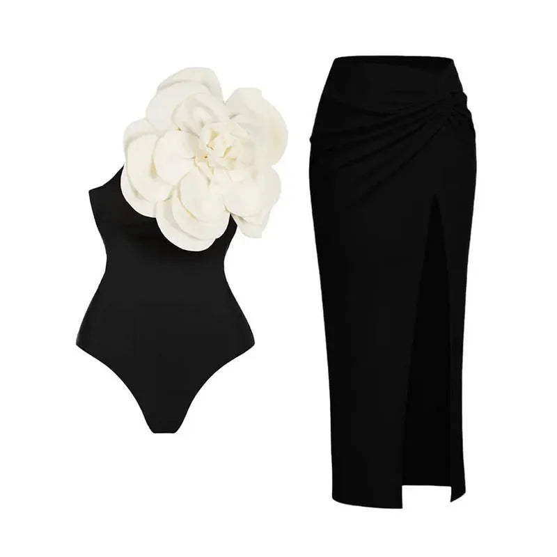 Women's one-piece swimsuit with three-dimensional floral embroidery in polyester fabric