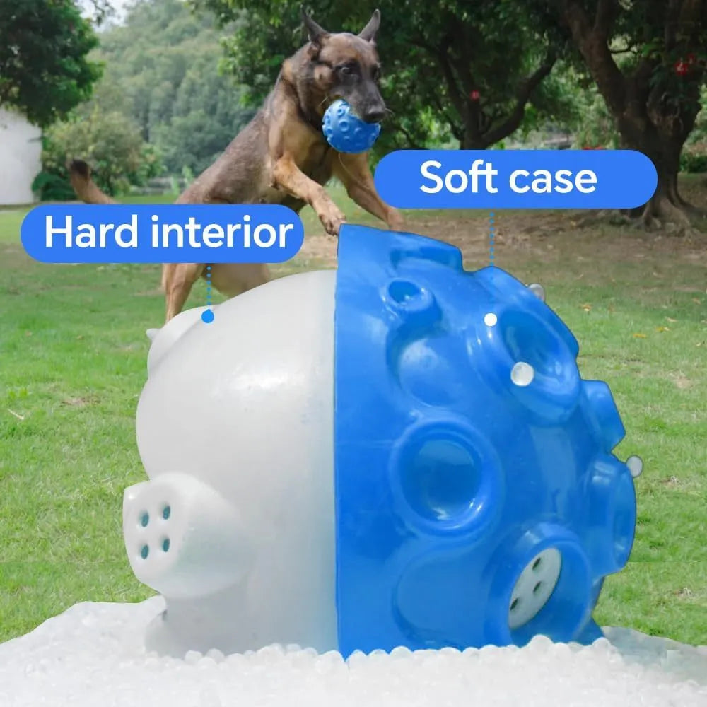 Durable dog chew toy ball with textured surface for teeth cleaning and anxiety relief