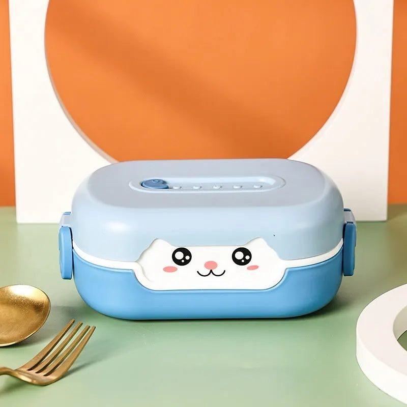 Square divided plastic lunch box in dark blue, orange yellow, and pink and green colours.