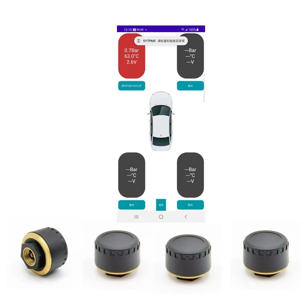 Black Bluetooth tyre pressure monitor sensors for car tyres with mobile phone display