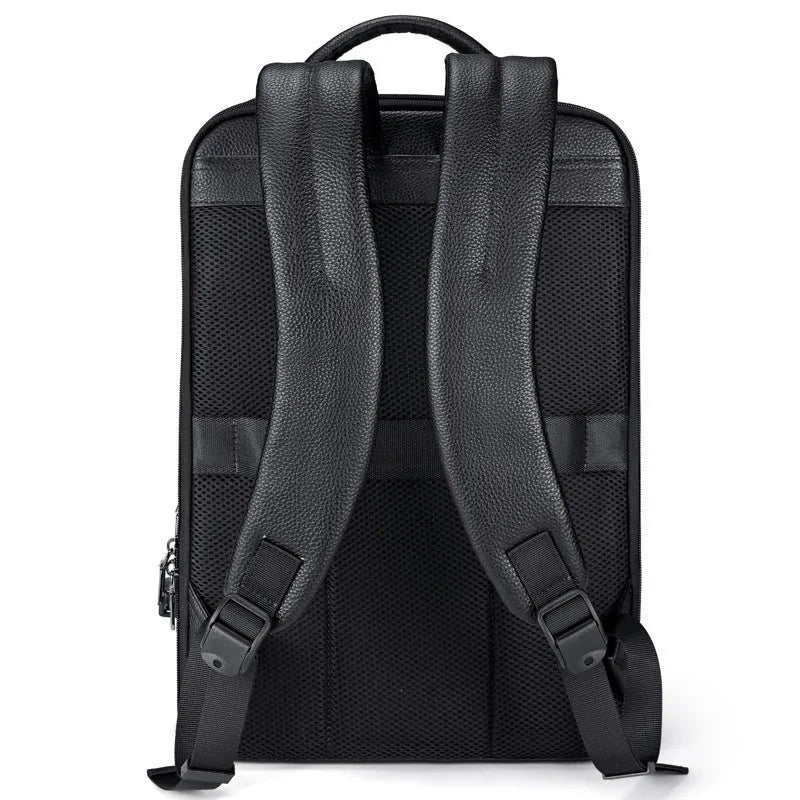 Black leather men's business computer backpack with curved shoulder straps and sewing line details