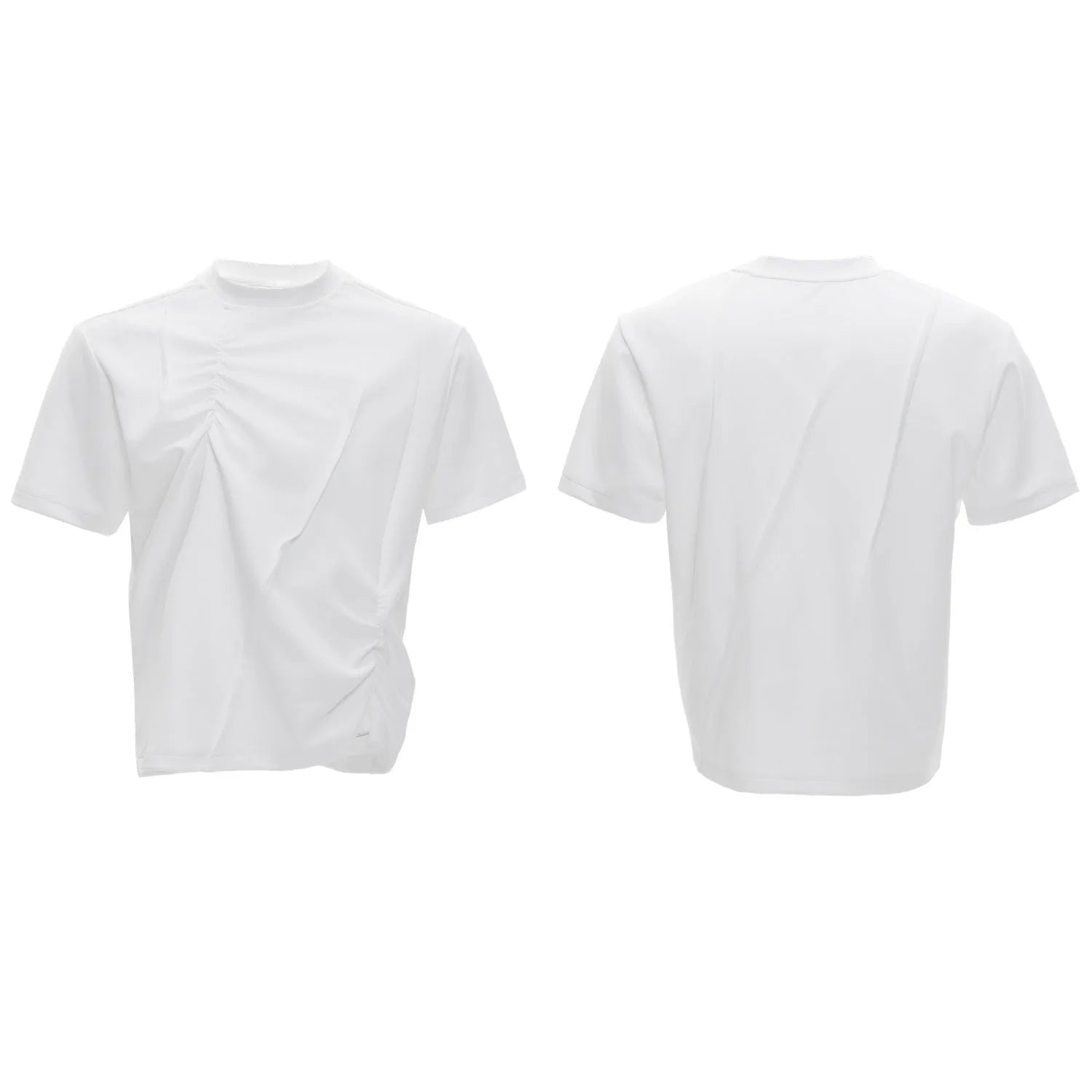 Men's loose fit cotton T-shirt with pleated detail and asymmetric stitching on a round neck, in solid black colour.