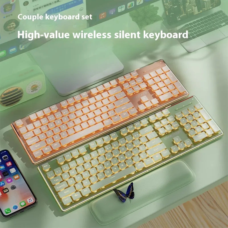 Prewalker V3 mute mechanical feeling keyboard and mouse set in retro green colour on a desk.