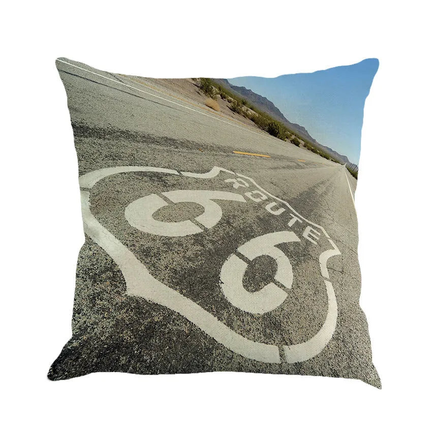 Route 66 landscape pattern on a 45x45 cm linen and cotton blend cushion cover.