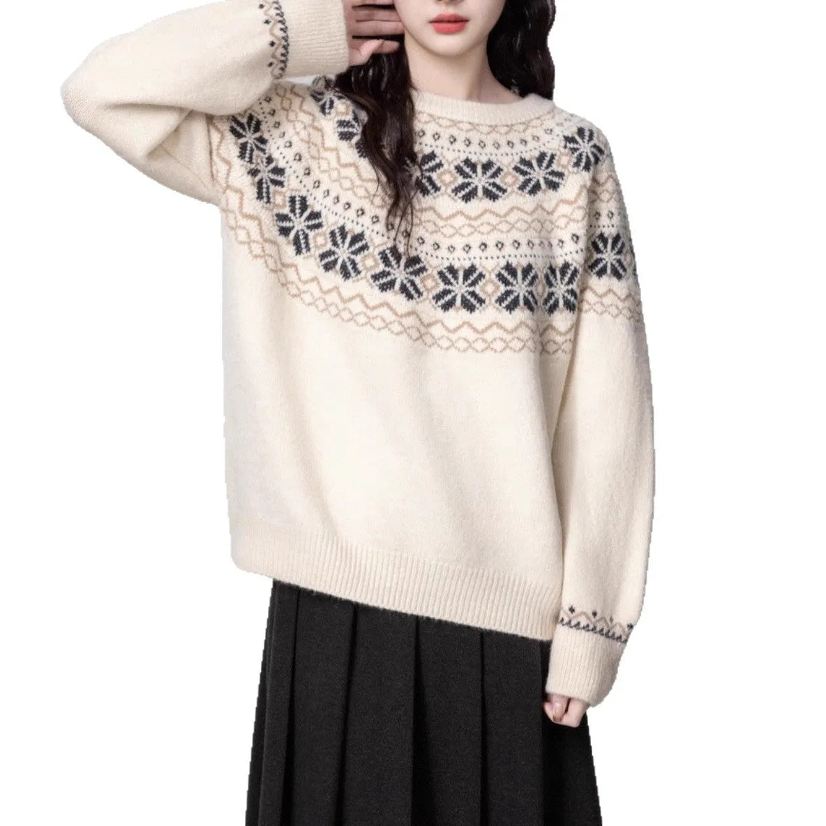 Women's milky white fair isle pullover sweater with geometric patterns and crew neck