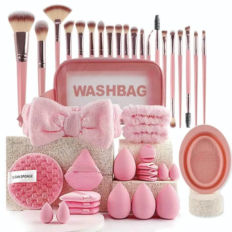 Beauty tools combination suit with hydrophilic non-latex sponge applicators in brown, pink and purple colours