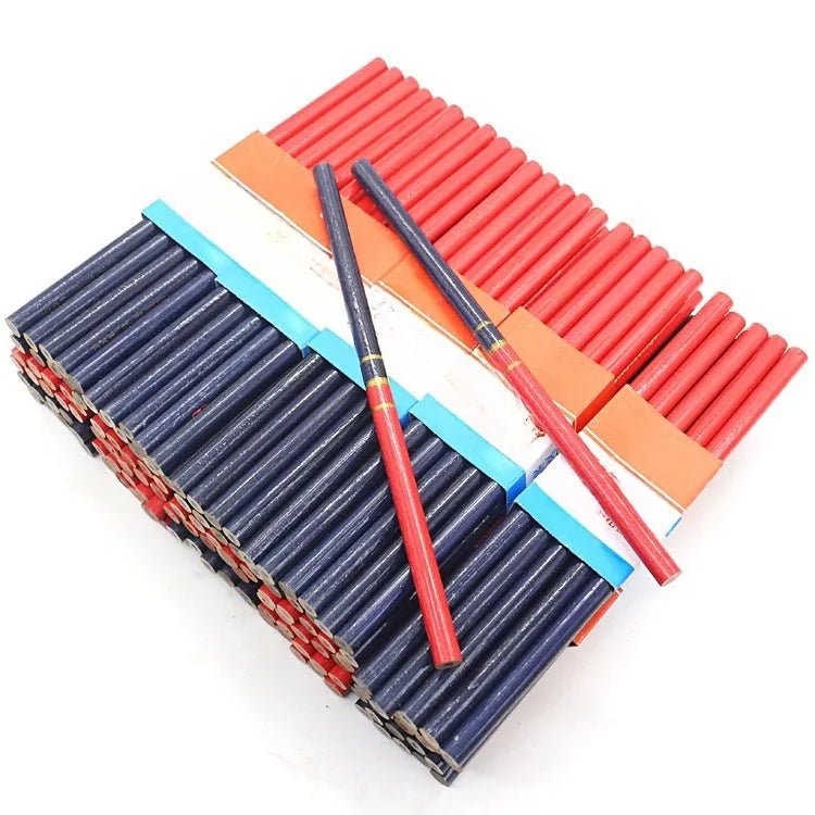 Ten red and blue two-colour round wooden carpenter's pencils for building site marking