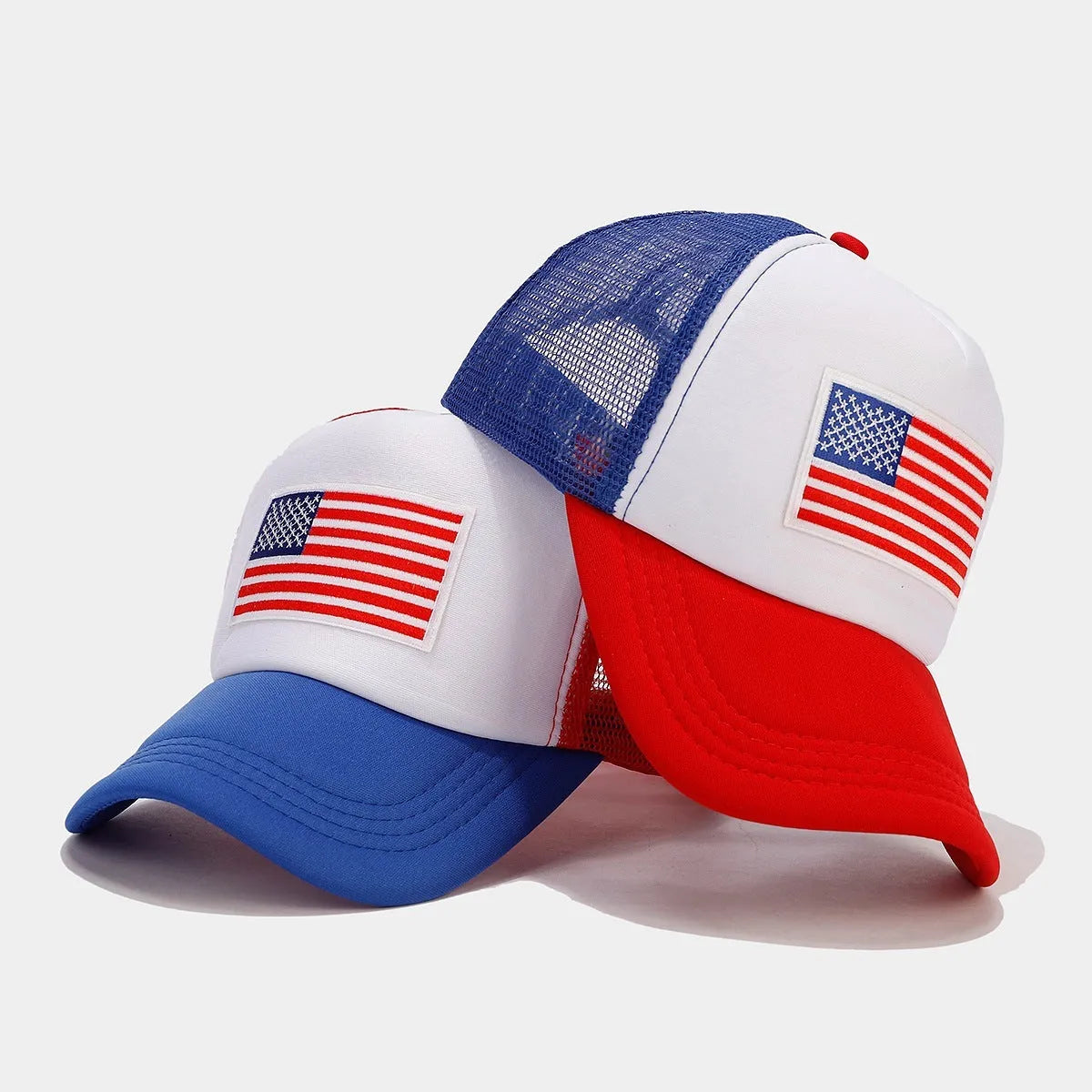 Red and blue contrasting mesh baseball cap with adjustable strap on a dome crown.
