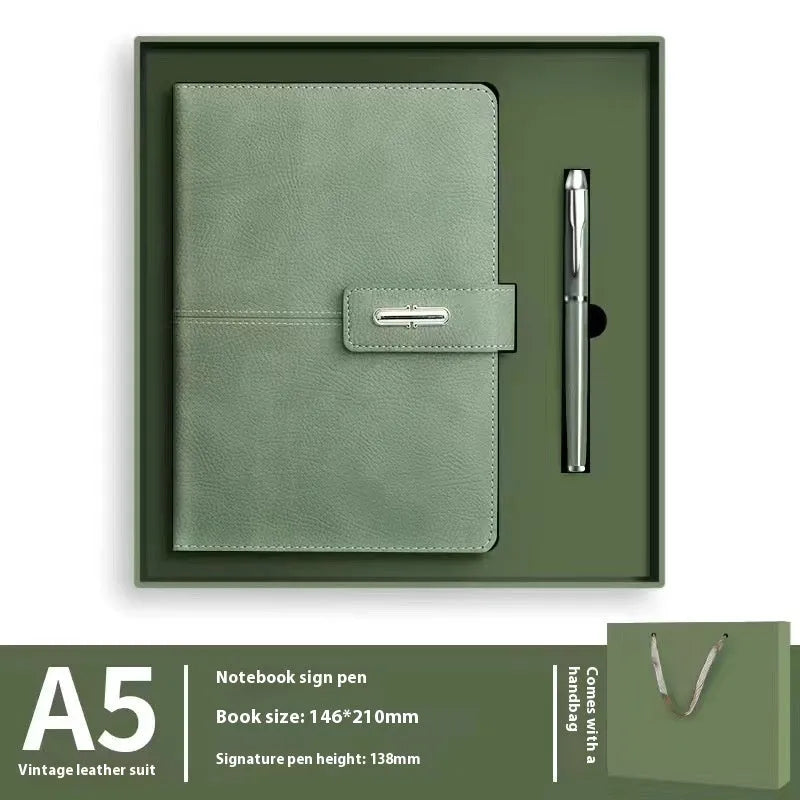 A5 notebook with imitation leather cover in multiple colour options including black, red, green, blue, and orange.