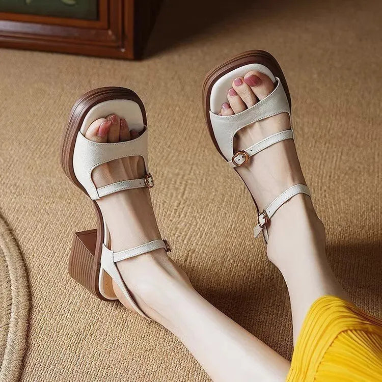 Women's retro platform sandals with square toe and open toe design in milky white colour