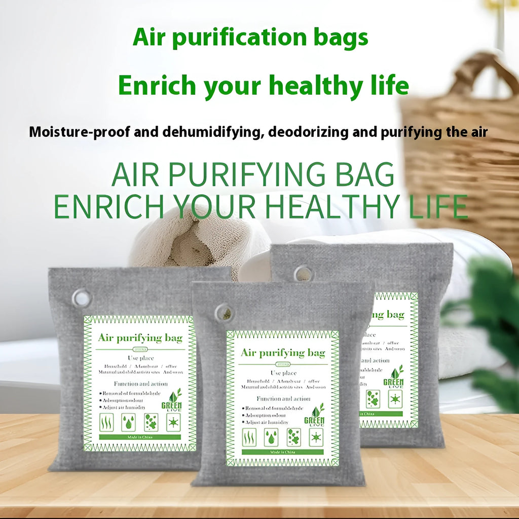 Sewing-style fabric sachets containing bamboo charcoal for air purification, shown in different sizes.