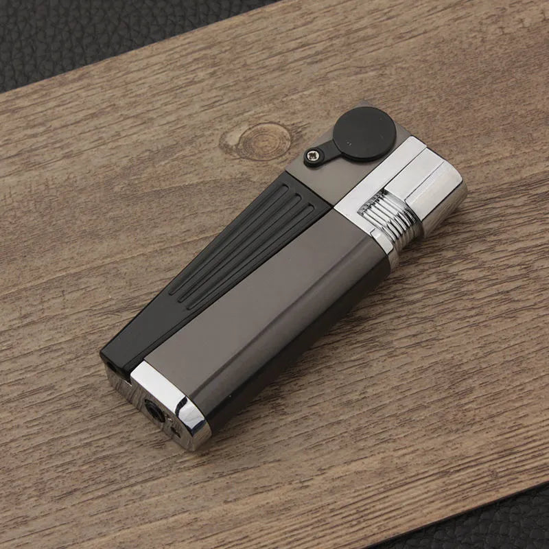 Silver and black foldable metal pipe lighter with stash compartment closed.