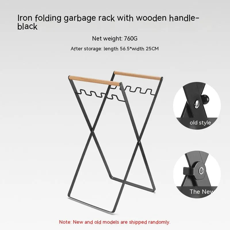 Black iron folding trash storage rack with wooden carrying handles