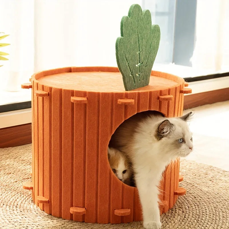 Carrot-shaped felt cat nest and tunnel cattery in semi-enclosed design
