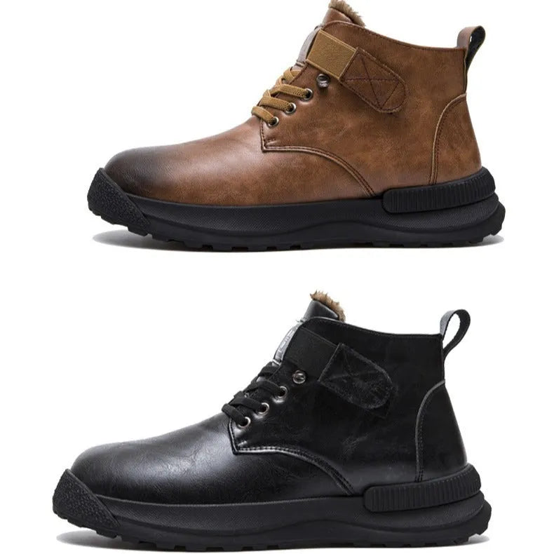 Black and brown high-top Martin platform boots with velvet artificial PU upper and rubber sole