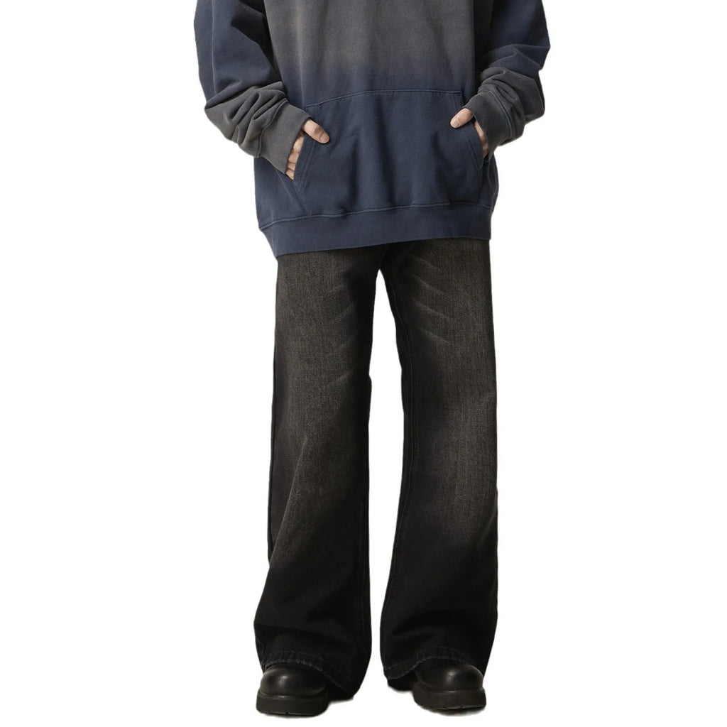 American retro black loose straight jeans with zipper fly on mannequin showing loose fit
