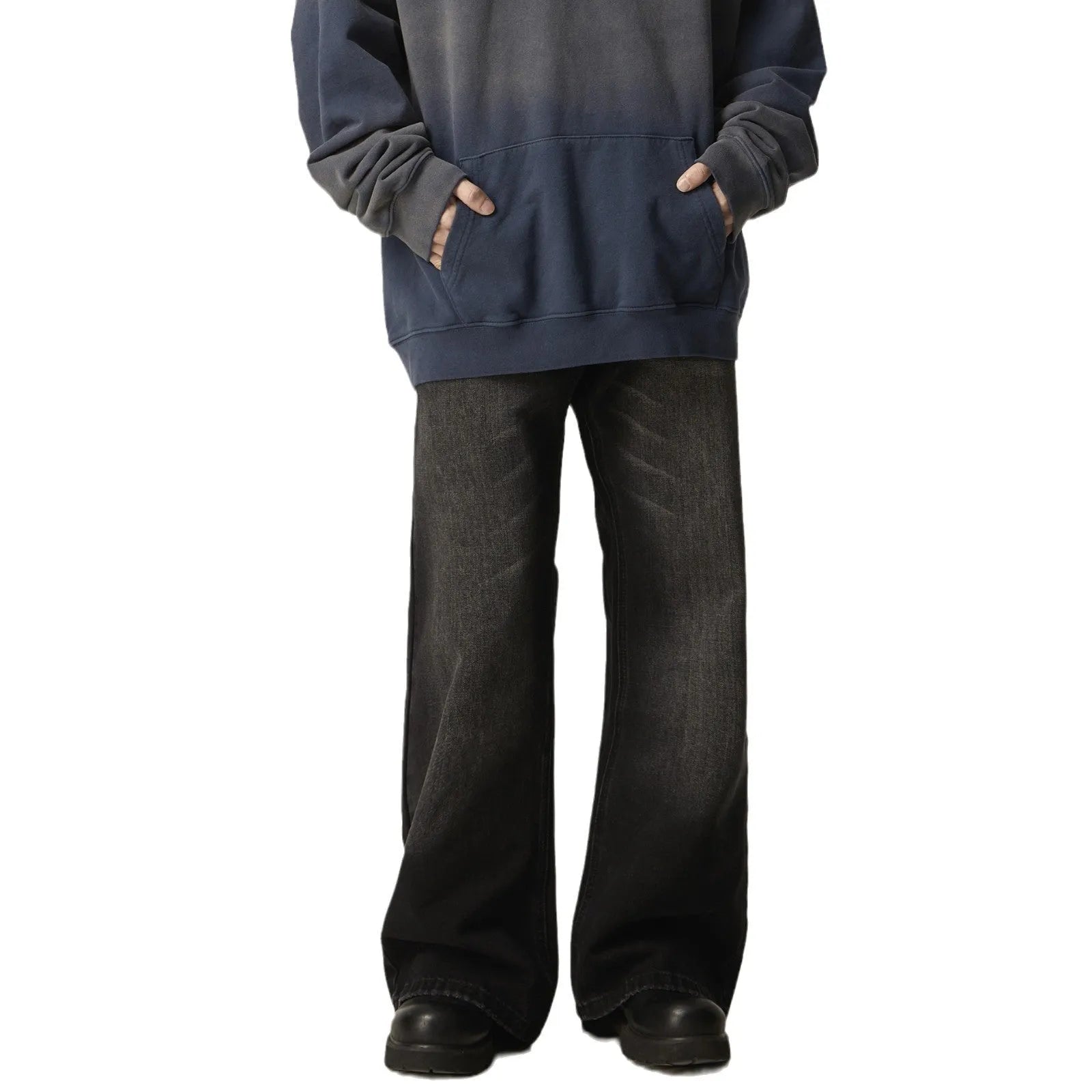 American retro black loose straight jeans with zipper fly on mannequin showing loose fit