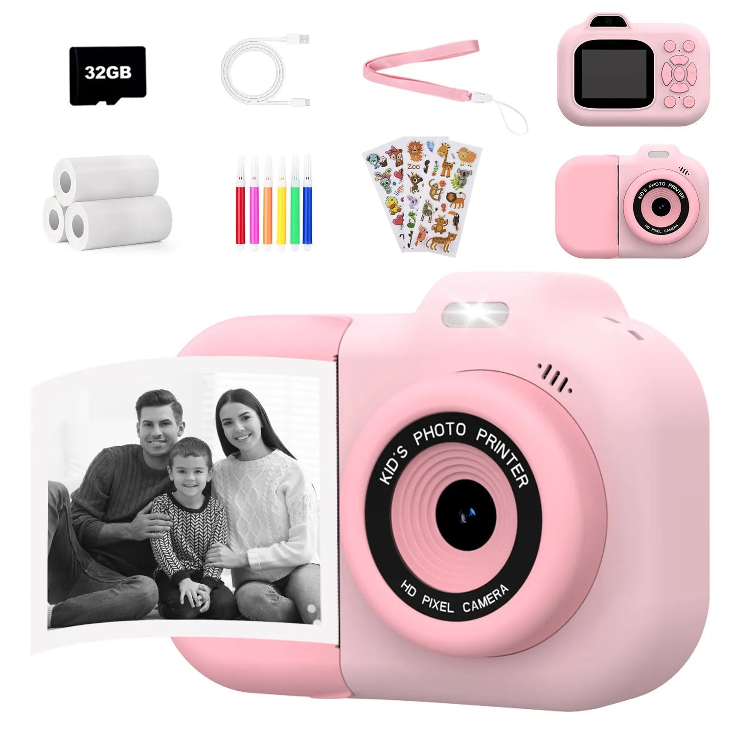Blue children's digital camera toy with video recording, games, and photo sticker functions on a table.