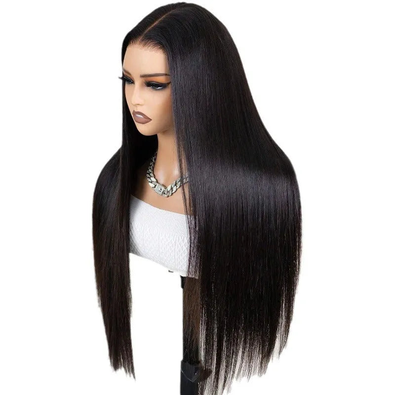 Black straight human hair wig with 13x6 transparent lace front, shown in long length.