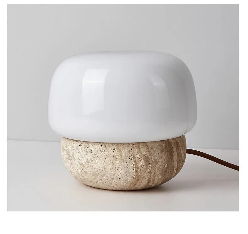 Cream coloured retro style bedside lamp with button switch, measuring 18x17cm