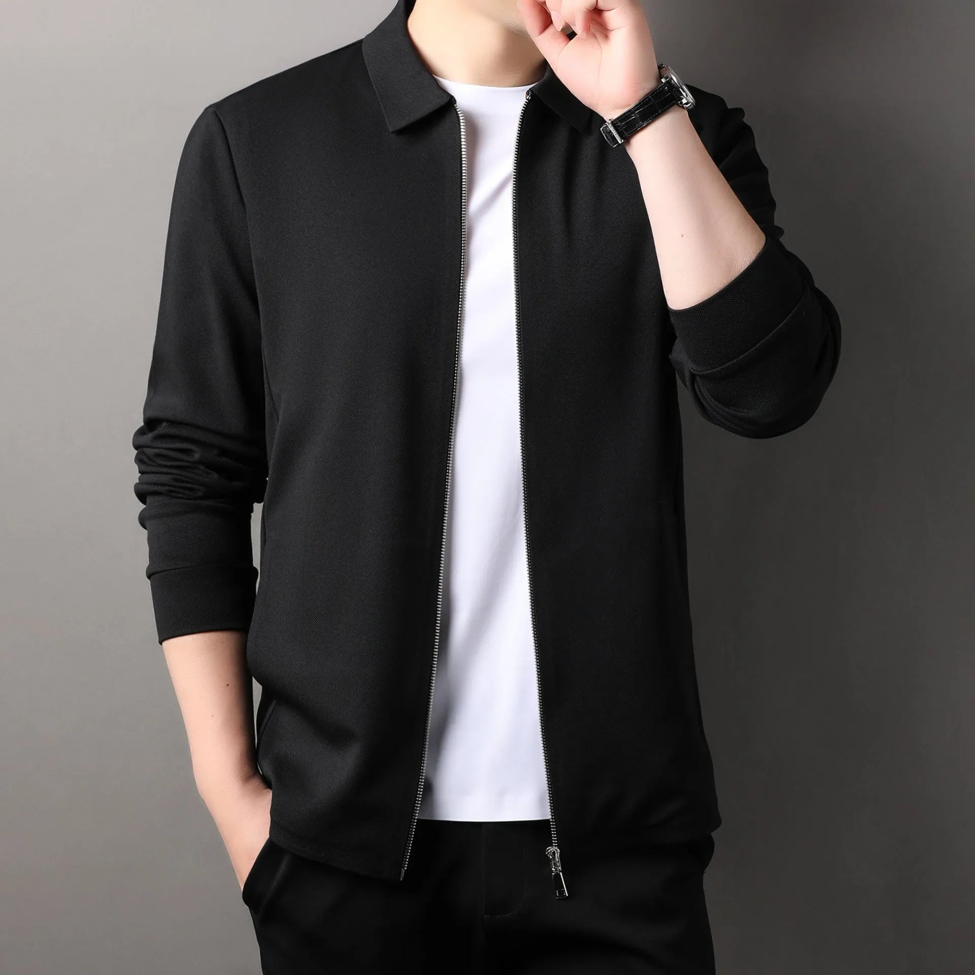 Men's polyester jacket in black, dark grey, or apricot with long sleeves and straight hem.