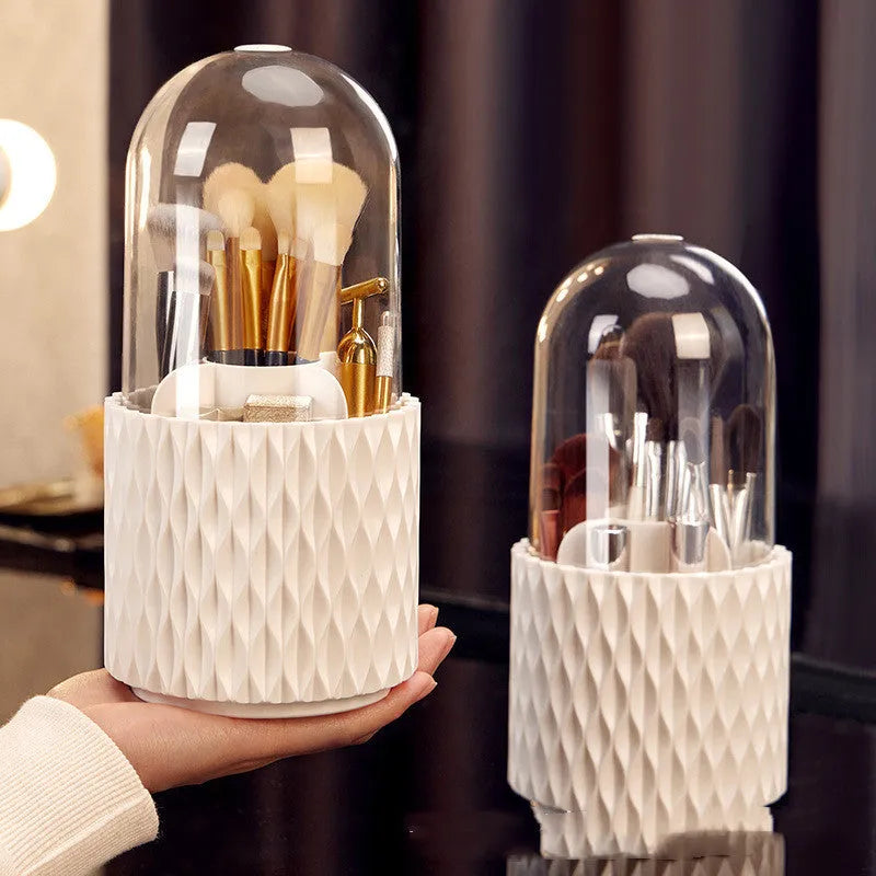 White acrylic rotating makeup brush storage box with transparent dust cover open