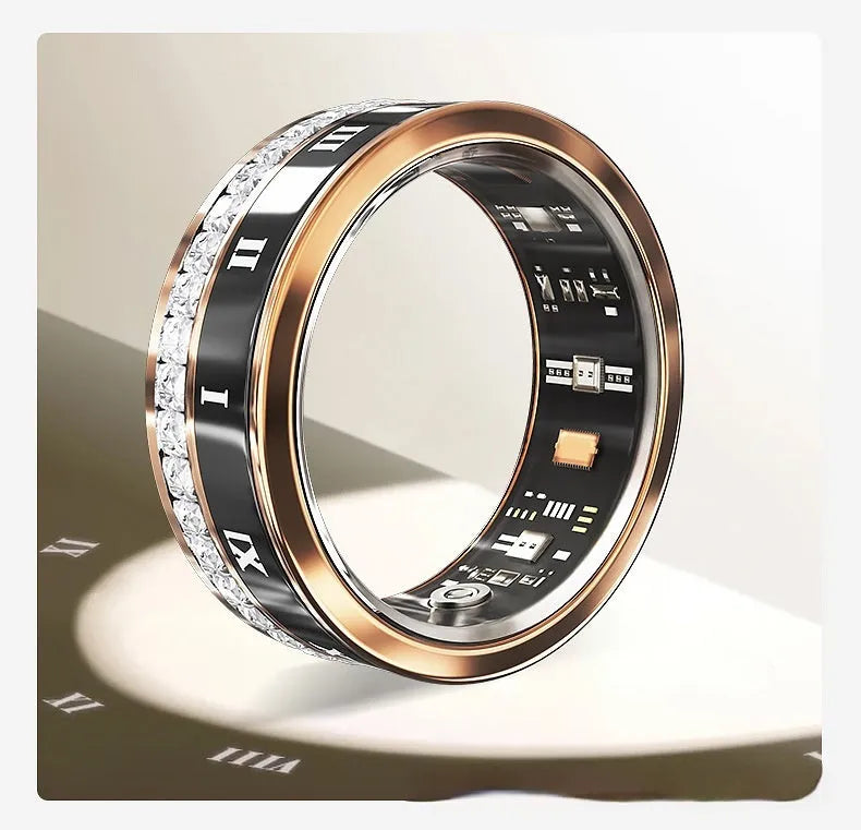 Silver and gold smart ring with diamond inlay on a finger, showing its wearable design and jewellery aesthetic.