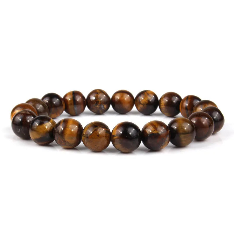 Natural tigereye crystal bracelet with geometric round beads showing colour and size options.