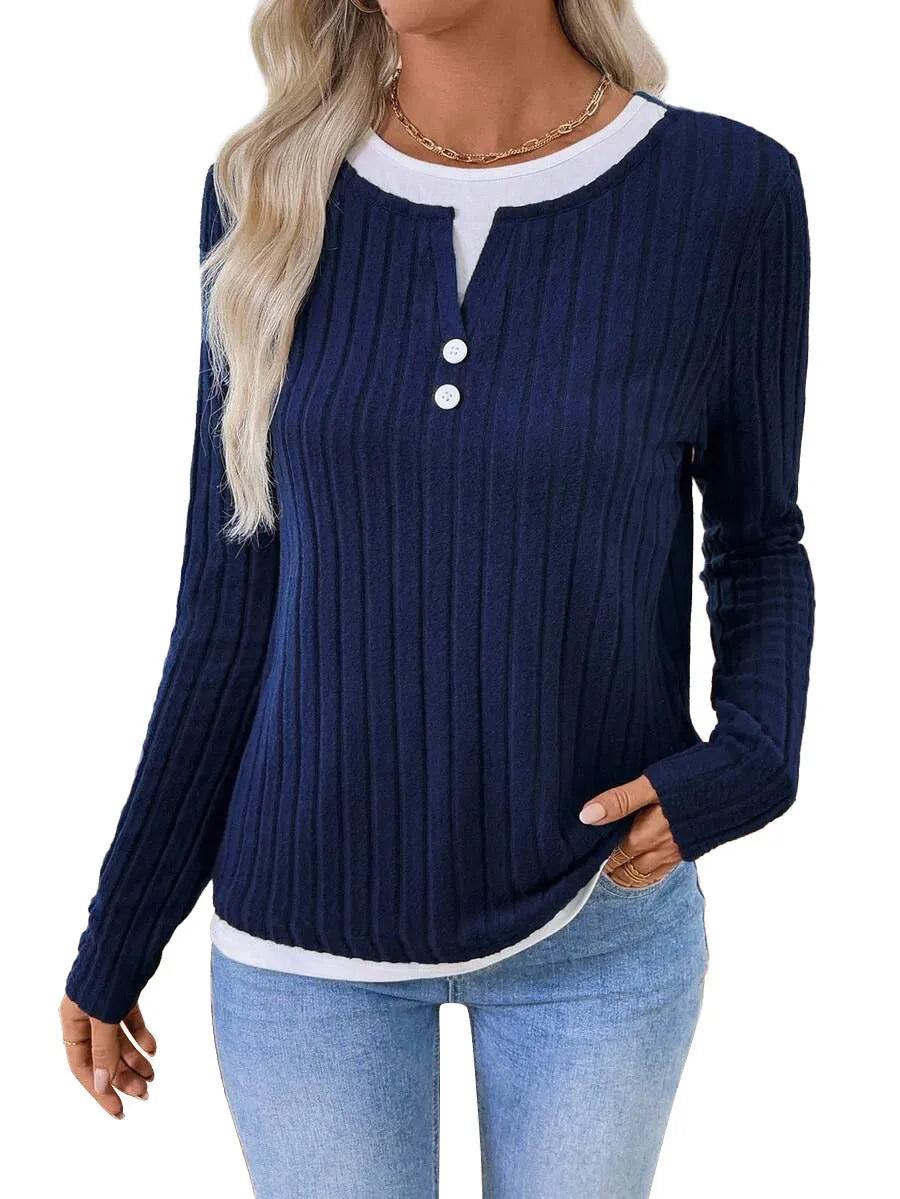 Women's grey fake two-piece striped pullover sweater with round neck and button detail.