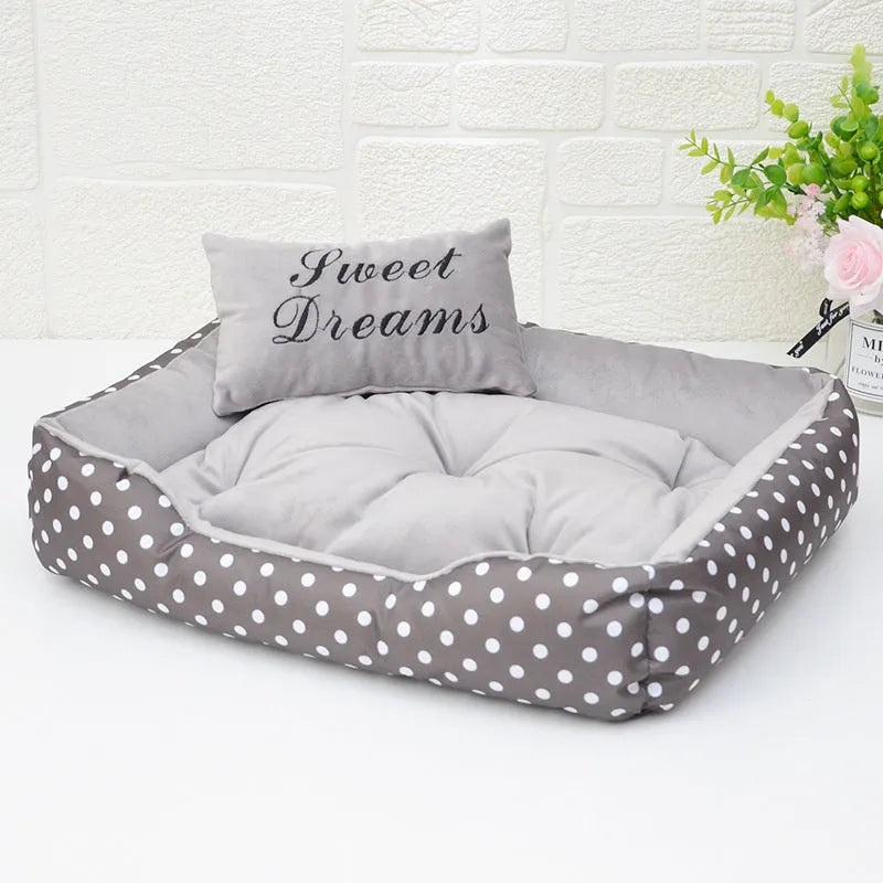 Polka dot print small dog bed with matching square embroidery pillow in grey, blue, pink, or red.