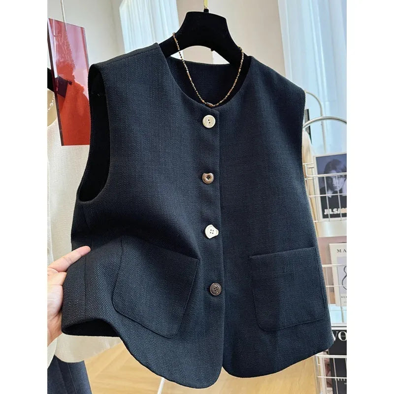 Women's French style round neck bandage vest sleeveless outer wear in polyester fabric