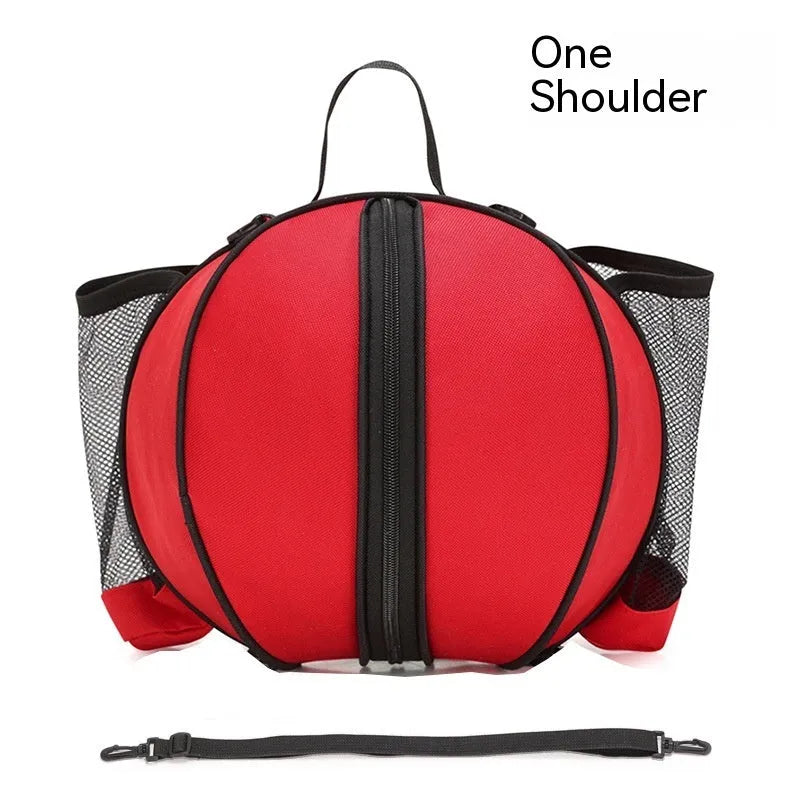 Black Oxford cloth basketball training bag with a single shoulder strap, shown next to a basketball.