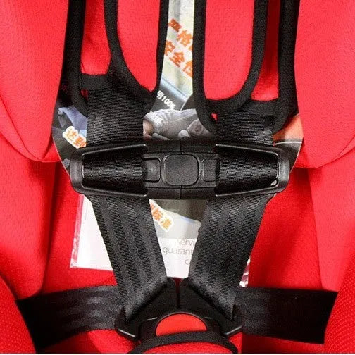 Black nylon child safety seat belt clip buckle measuring 14.5 by 4 centimetres
