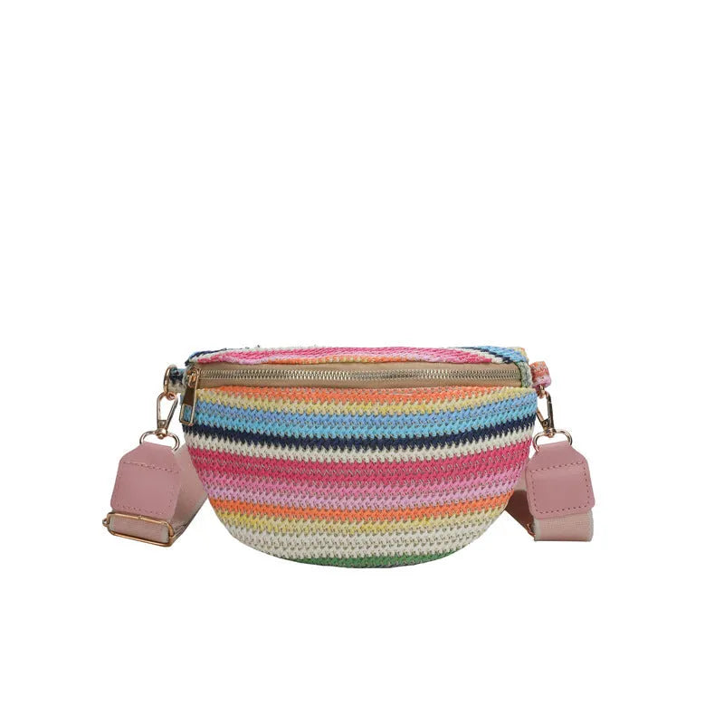 Straw woven women's beach shoulder bag with single strap in blue colour