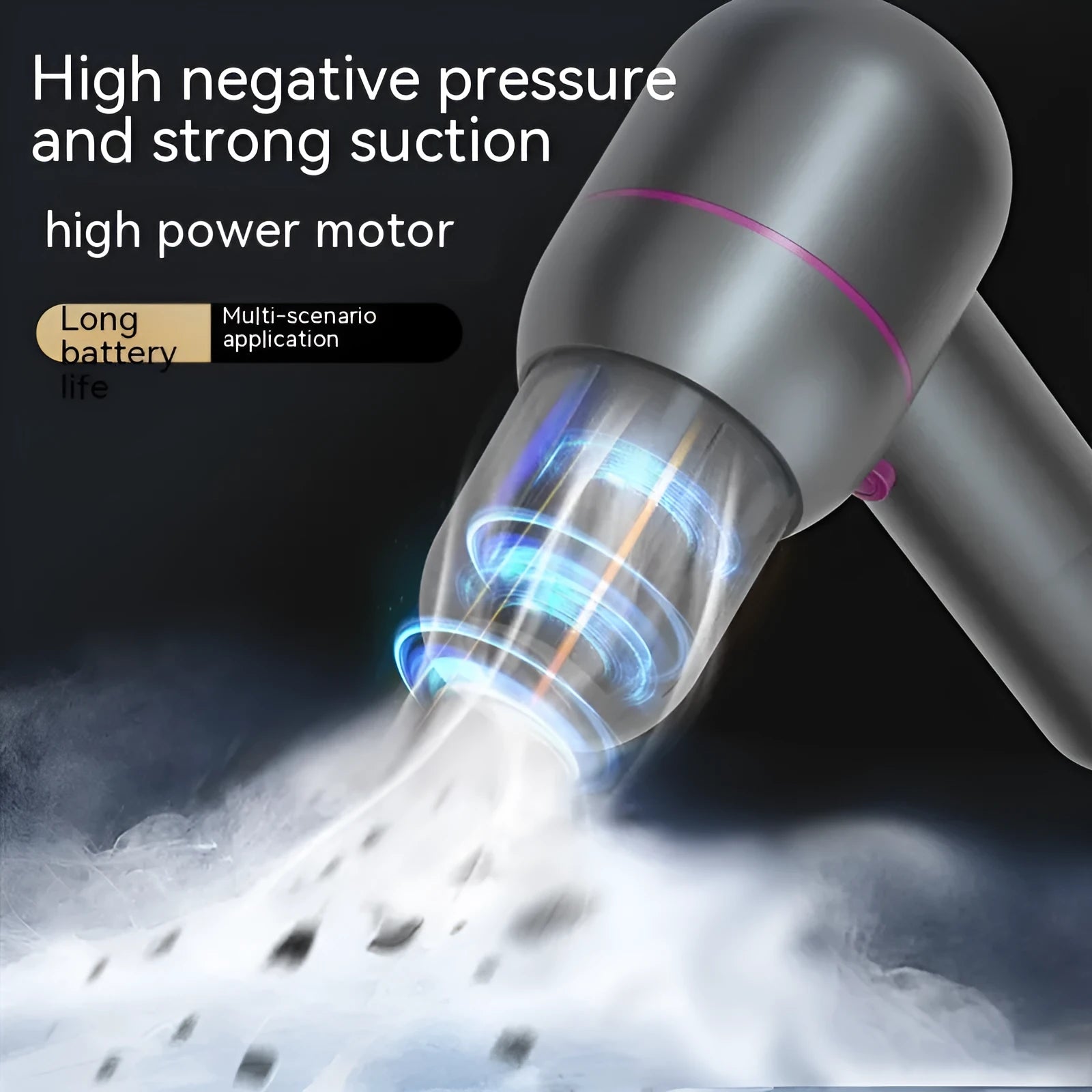 Grey handheld portable car vacuum cleaner and inflator with brush nozzle and extended nozzle