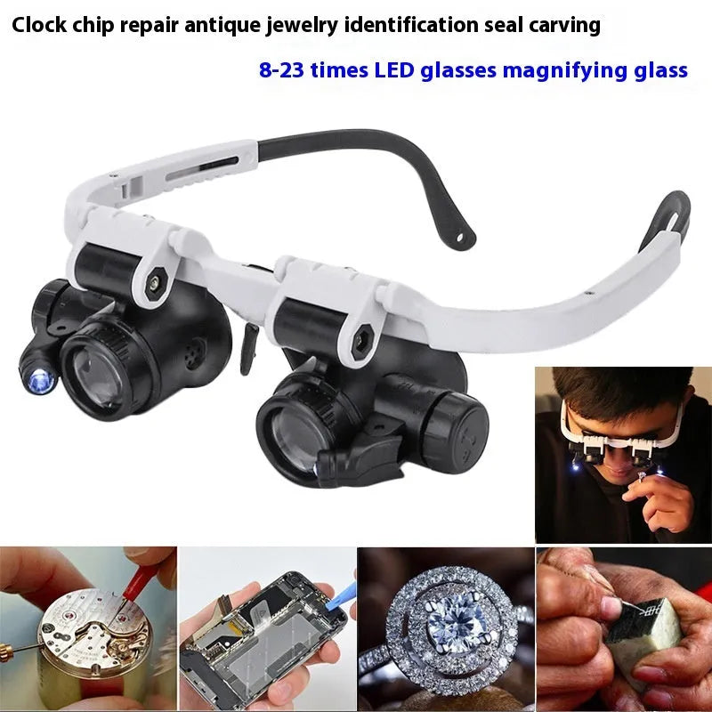 White head mounted magnifying glass with adjustable band and built-in LED light for close-up repair work