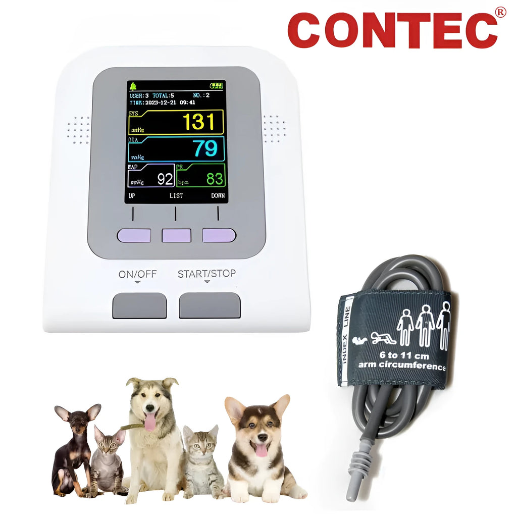 CONTEC08A veterinary digital blood pressure monitor unit with colour screen and cuff for animals.