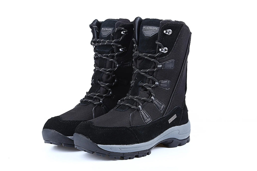 Women's black genuine leather mid-calf snow boots with round toe and rubber sole on a white background.