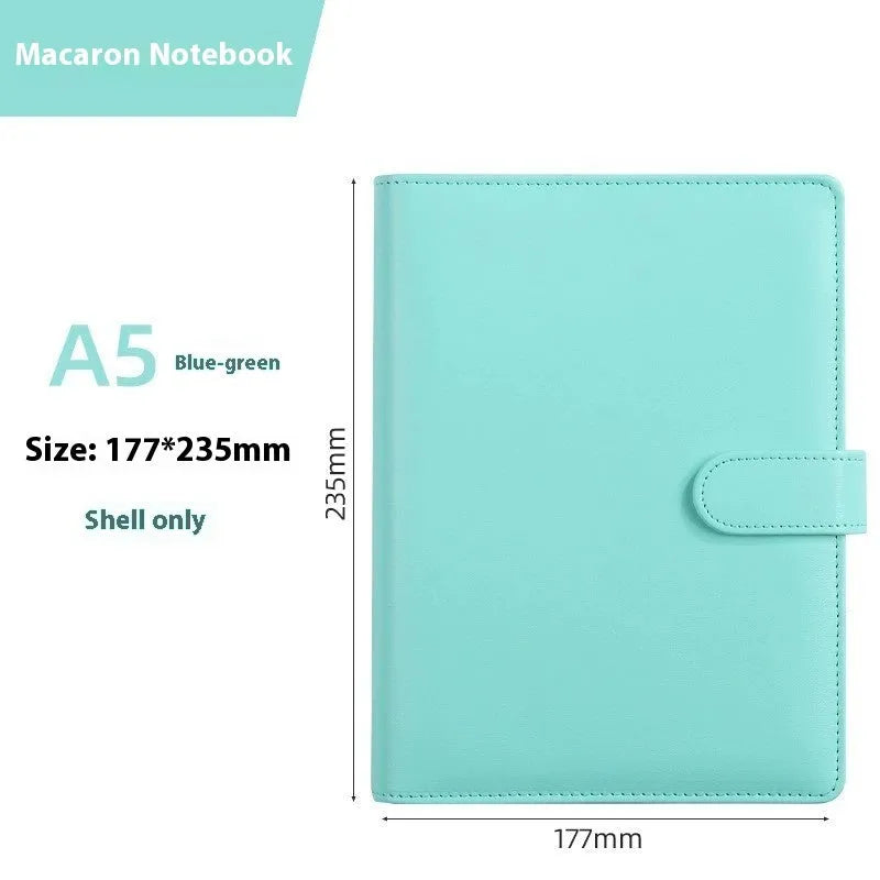 A5 PU leather zip-closure notebook shell in a solid colour, shown closed, for loose-leaf binders.