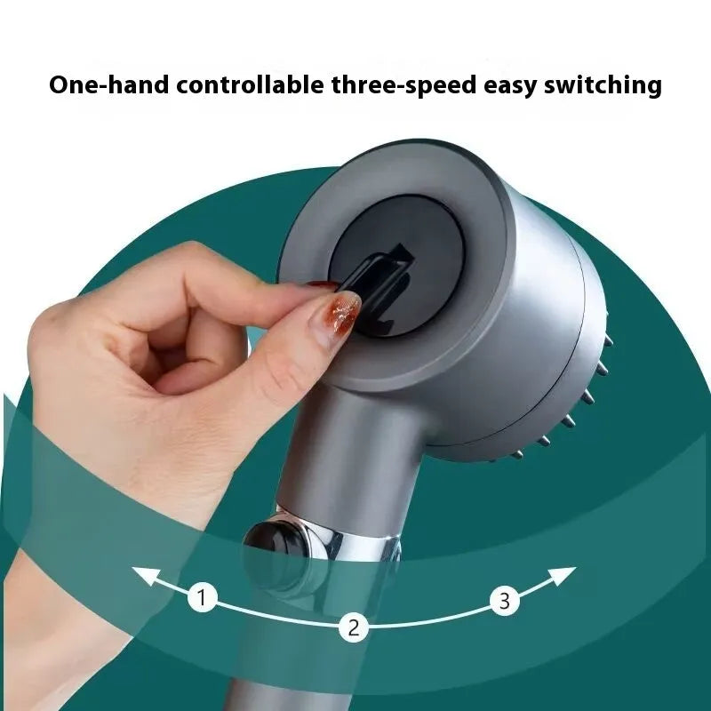 Strong Boost portable ABS plastic shower head with multiple spray mode settings.
