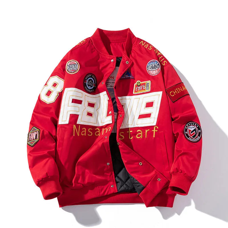 American motorcycle baseball uniform with side pockets available in black red or blue colours