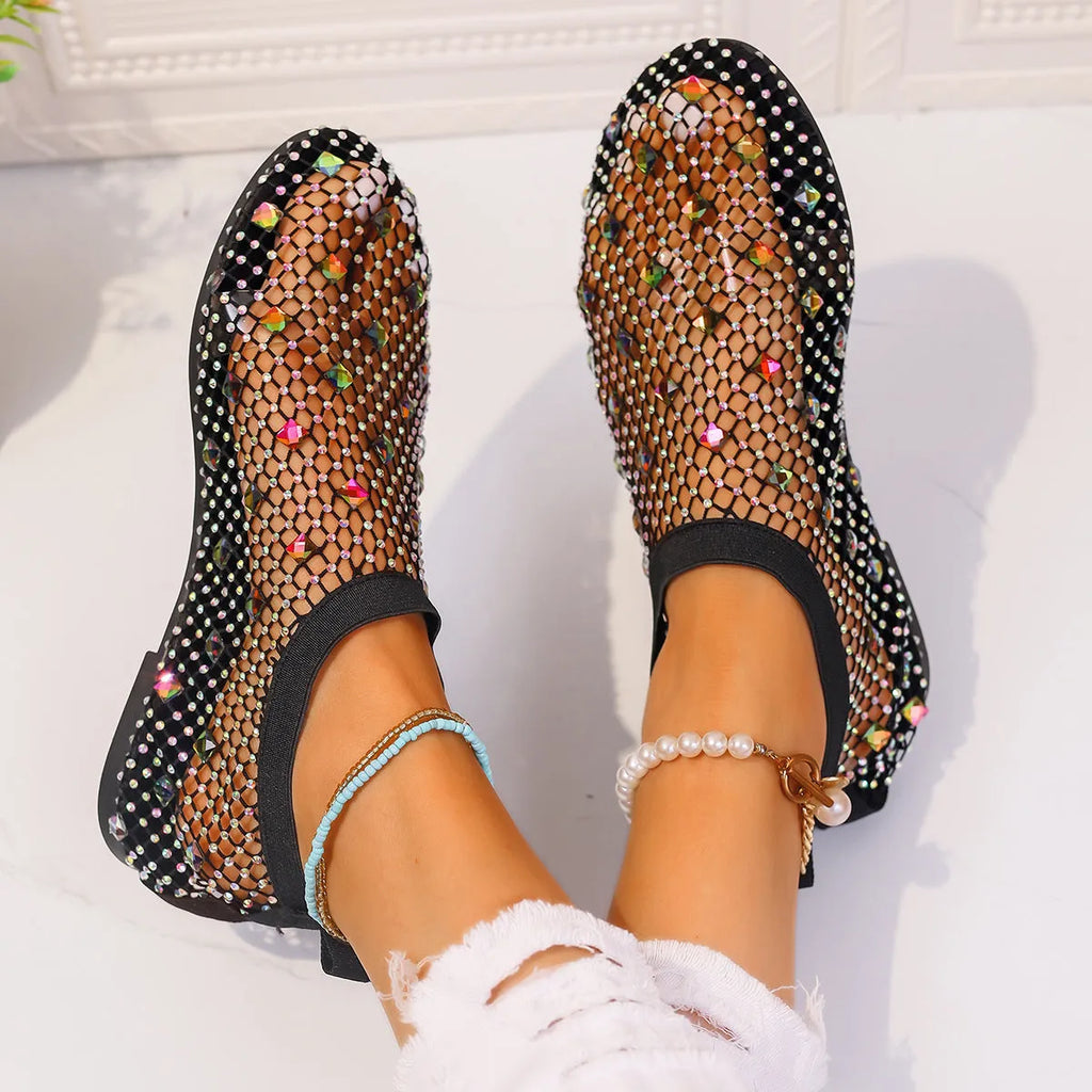 Women's flat sandals with mesh upper and colourful rhinestone decoration
