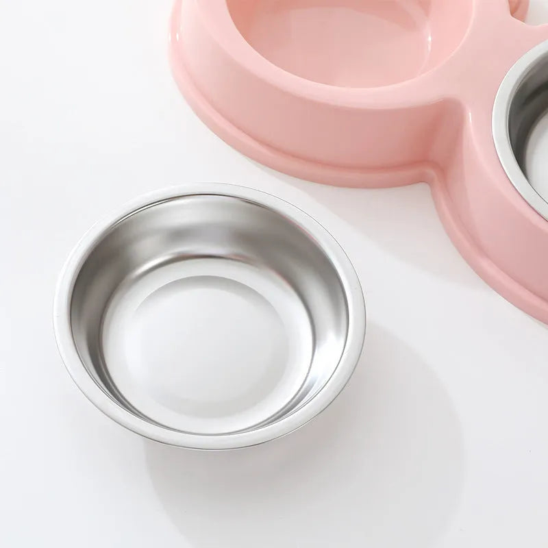 Stainless steel double pet bowl set with frog-shaped non-skid base in blue colour
