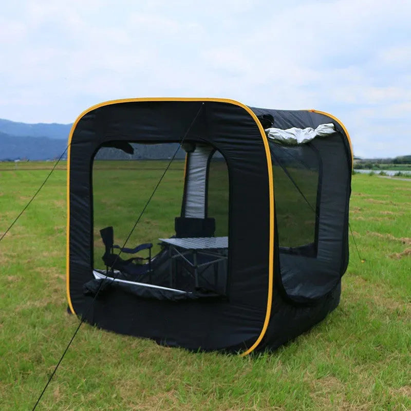 Black pop-up outdoor camping car tail tent with quick throw design unfolded to 200x200x200cm dimensions