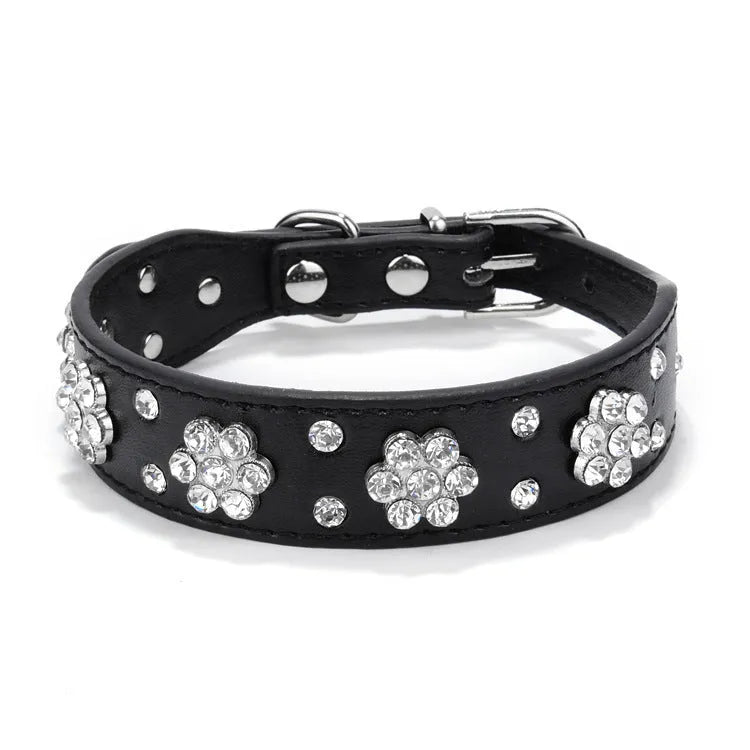 Black PU leather dog collar with rhinestone flower pattern and metal studs for small dogs
