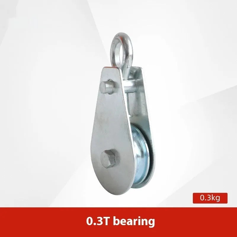 Red forged steel lifting pulley with a ring hook and safety latch for industrial general lifting applications.