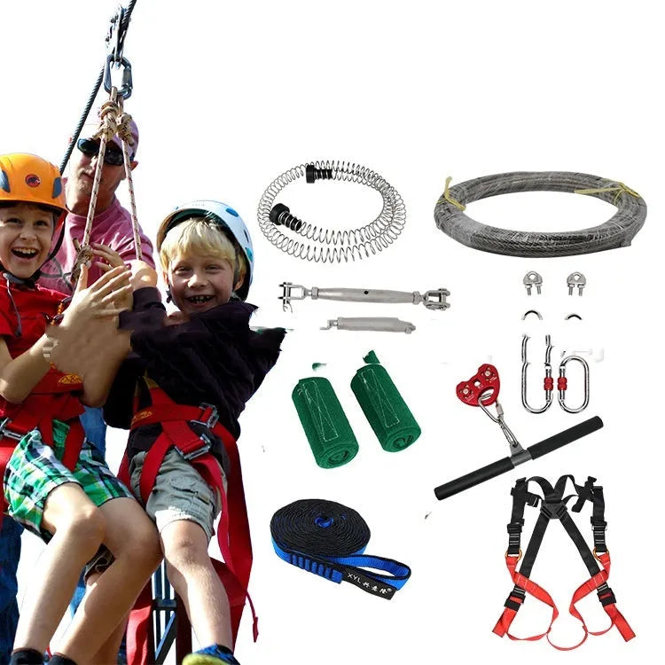 10 metre outdoor pulley slide system with steel cable, handle, alloy steel pulleys, and child safety harness